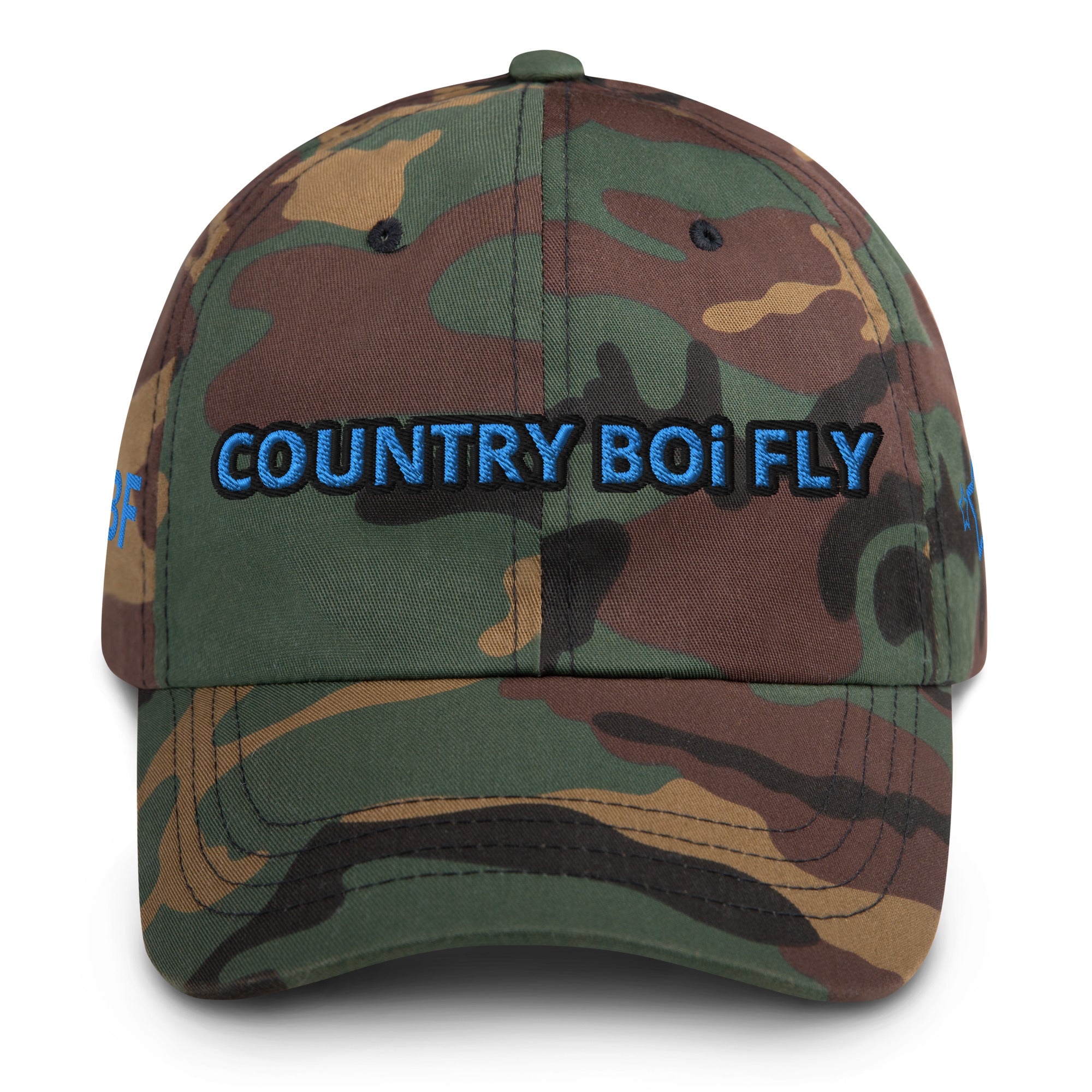 Country Boi Fly Dad Hat - Green Camo with Blue Print