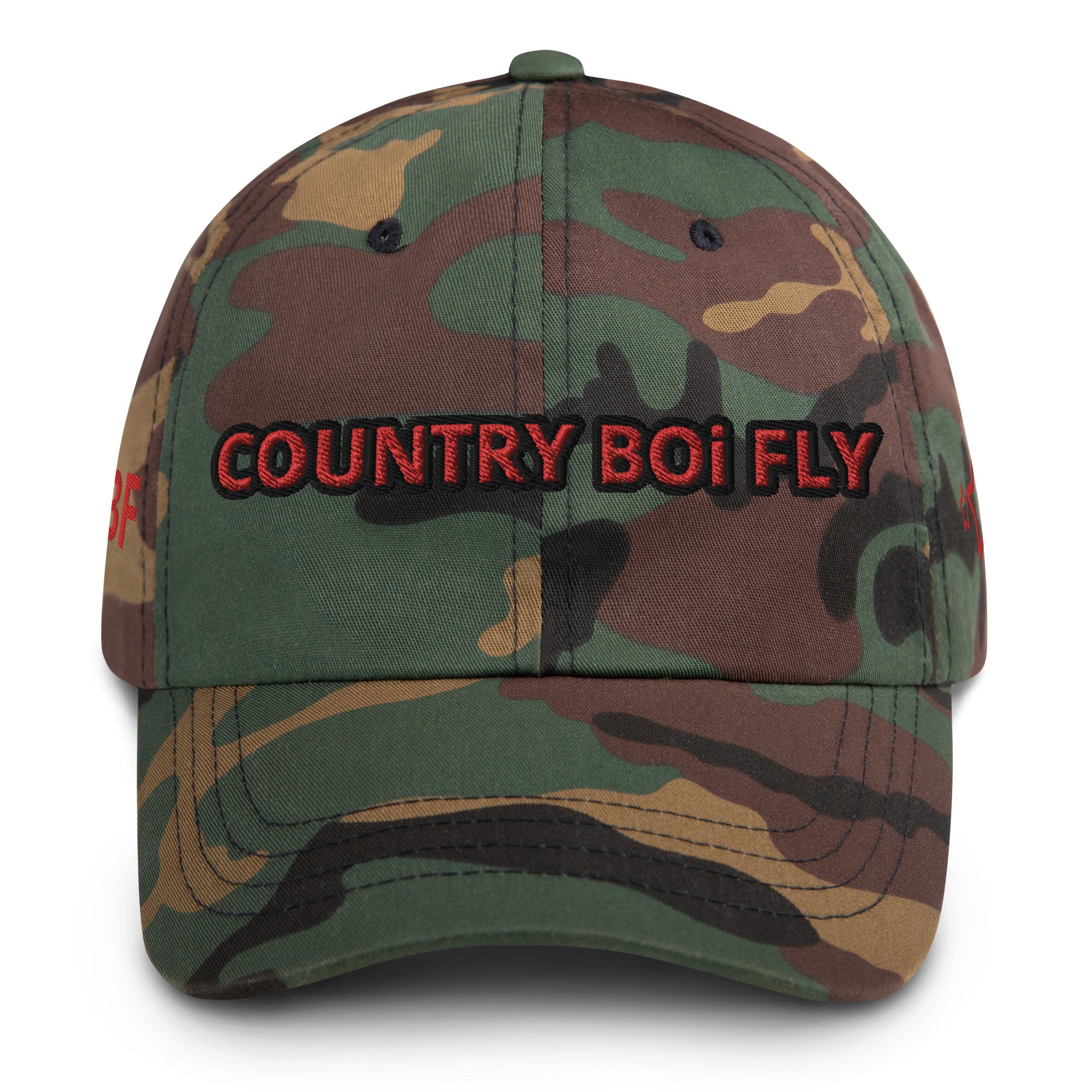 Country Boi Fly Dad Hat - Green Camo with Red Print