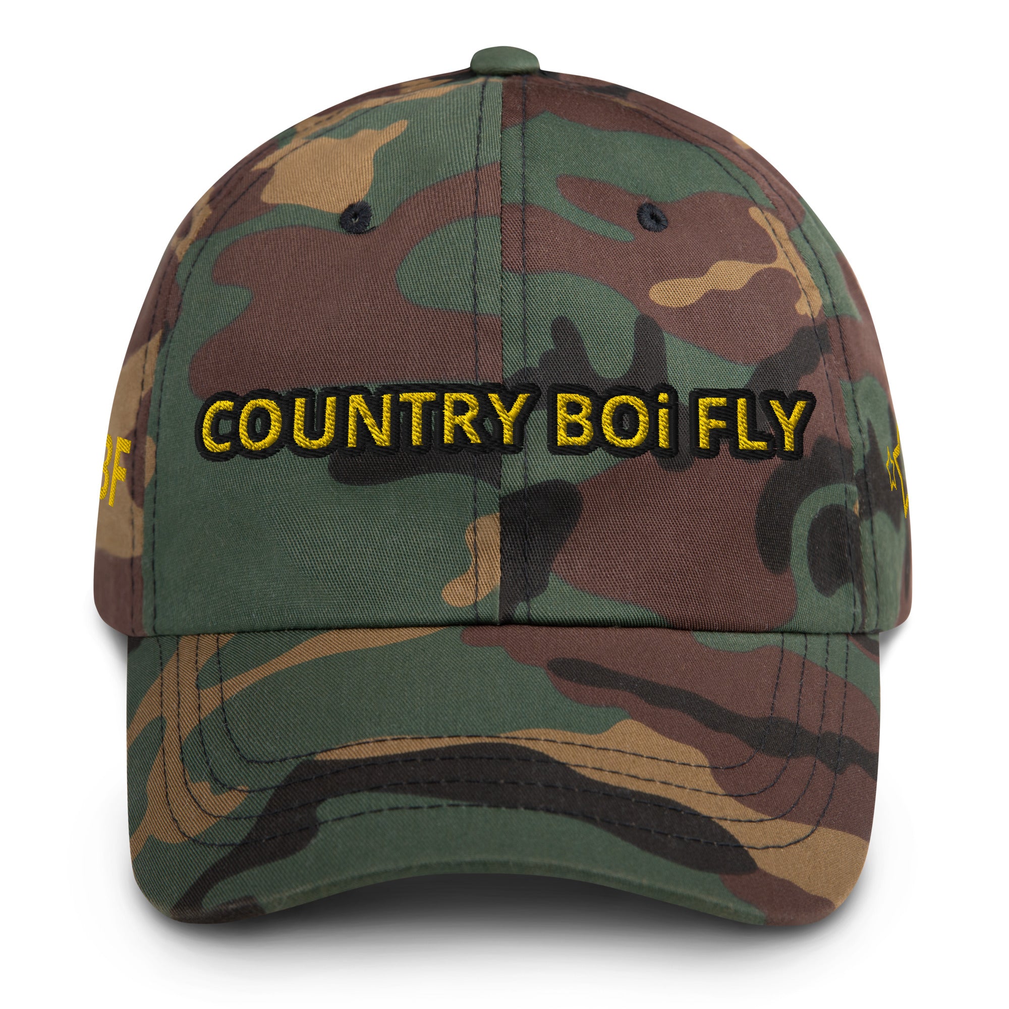 Country Boi Fly Dad Hat - Green Camo with Gold Print
