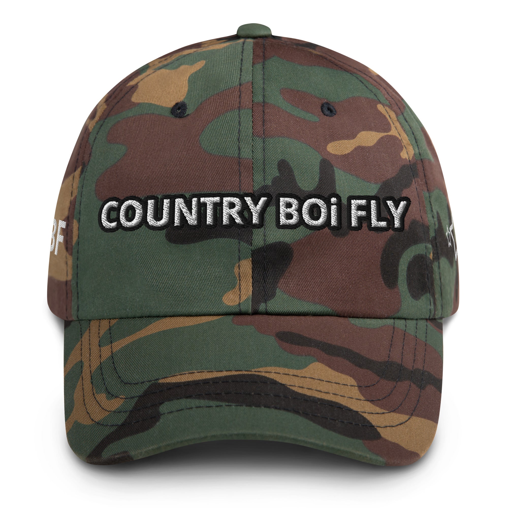 Country Boi Fly Dad Hat - Green Camo with White Print