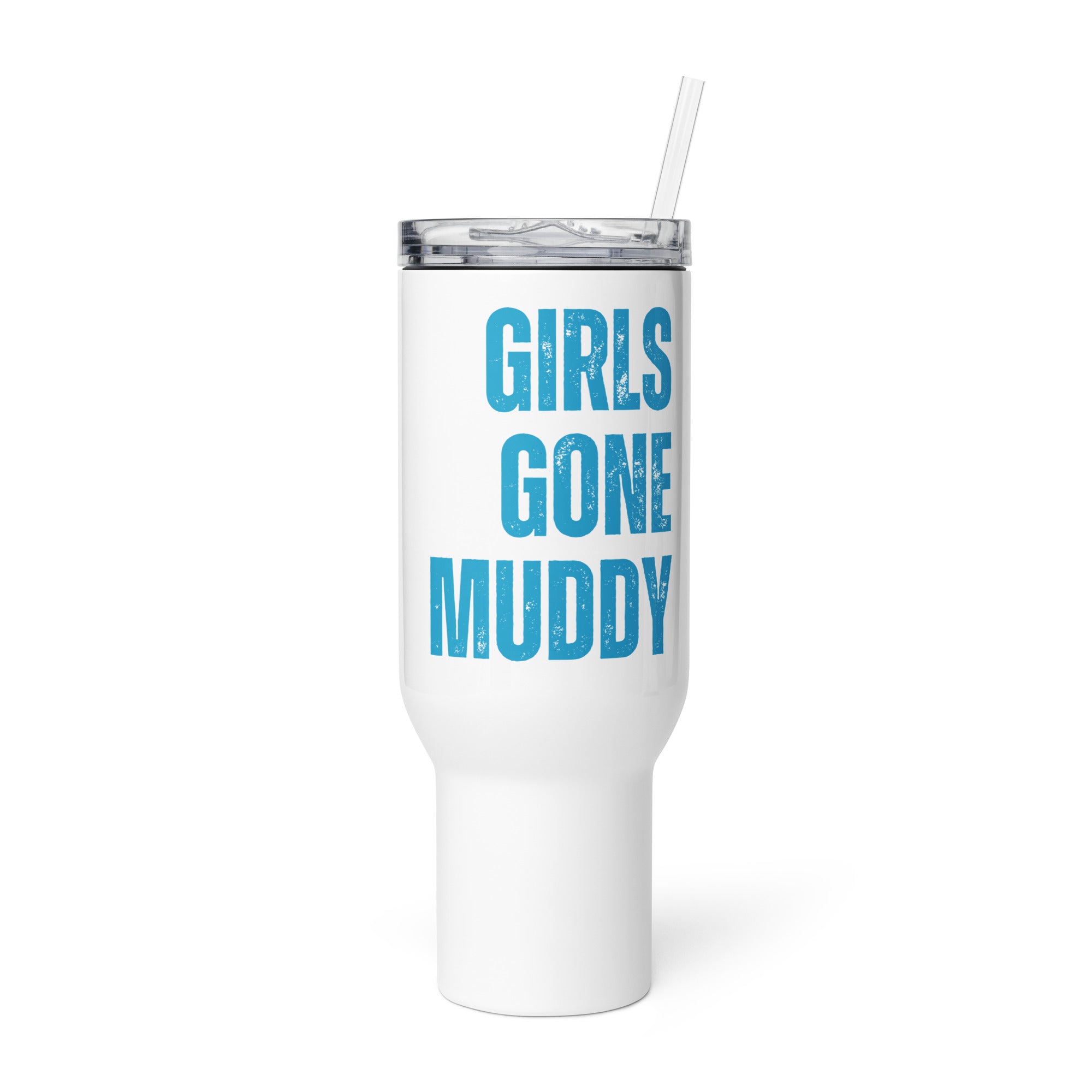 Girls Gone Muddy Travel Mug with Teal Blue Print