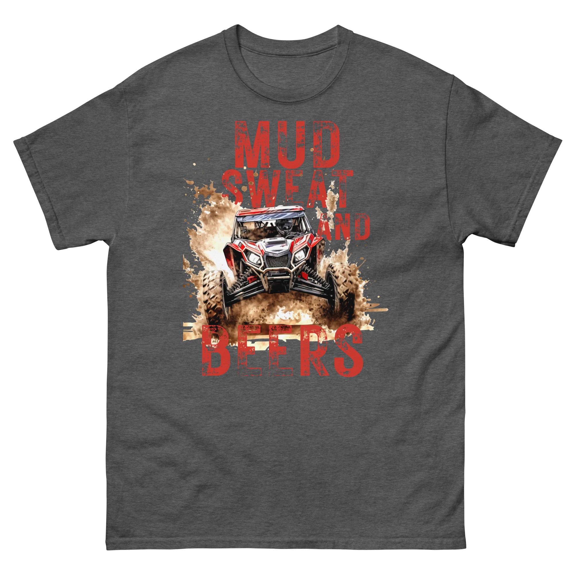 Mud, Sweat, and Beers Unisex Classic Tee - Dark Gray with Red Print - Country Boi Fly