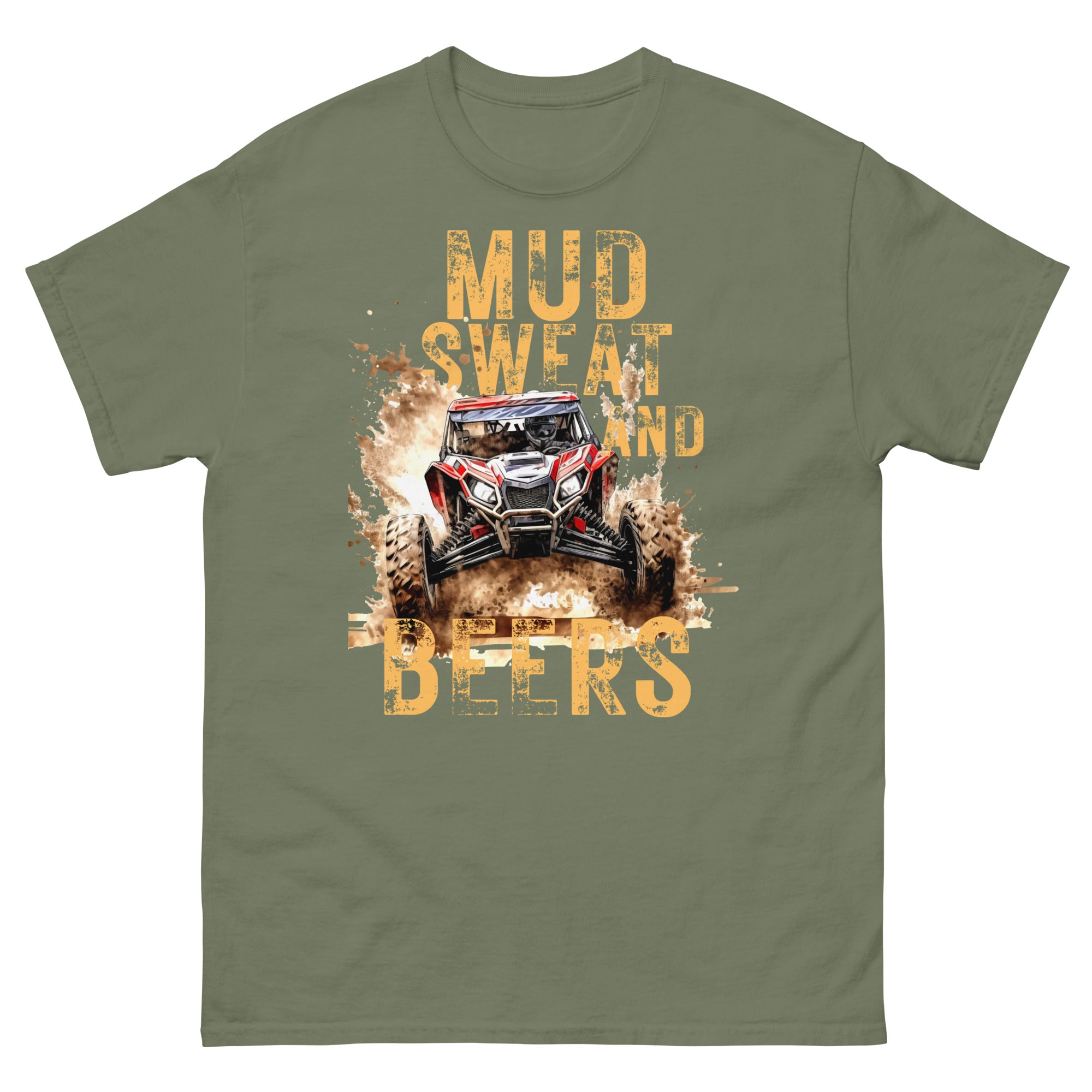 Mud, Sweat, and Beers Unisex Classic Tee - Military Green with Peach Print - Country Boi Fly
