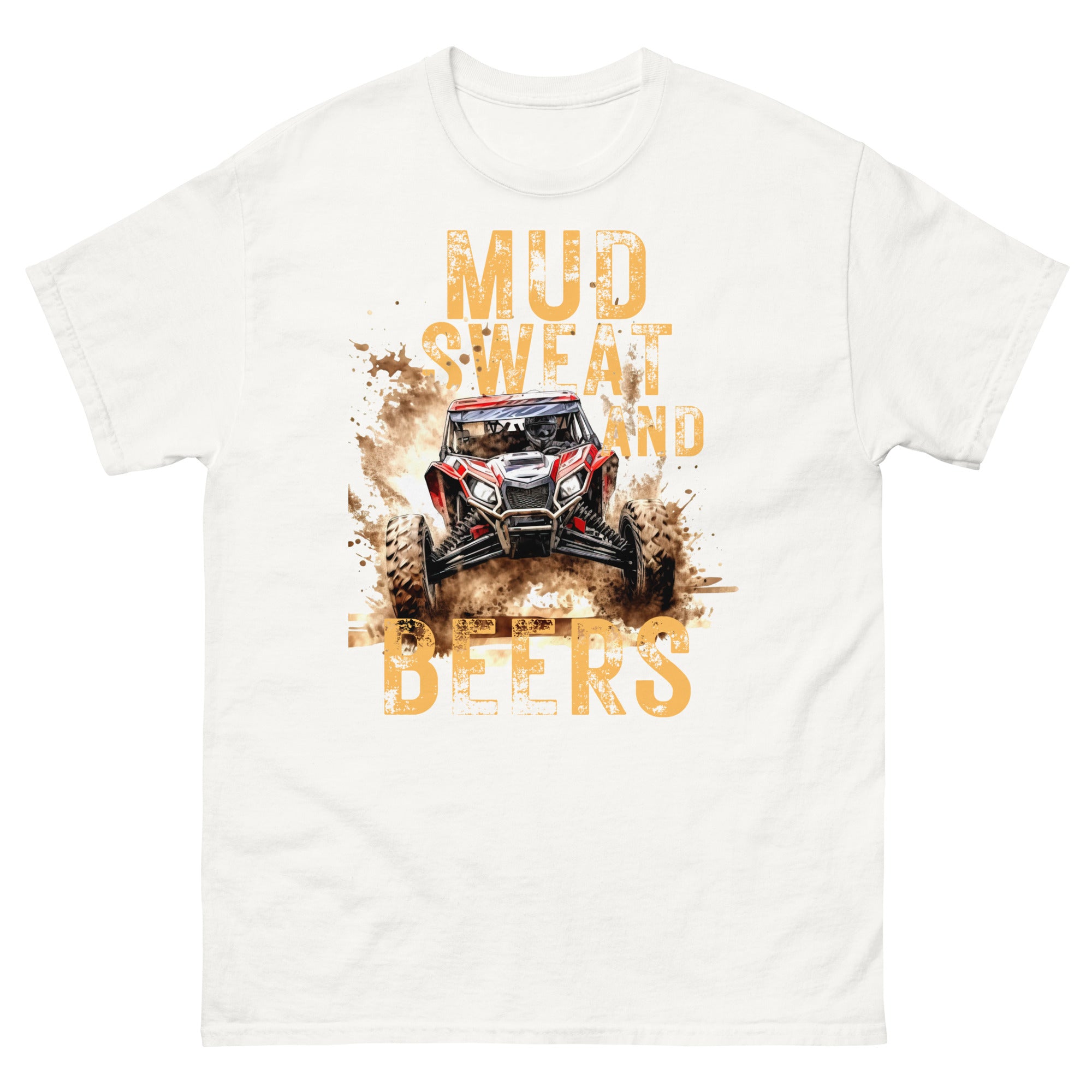 Mud, Sweat, and Beers Unisex Classic Tee - White with Peach Print - Country Boi Fly