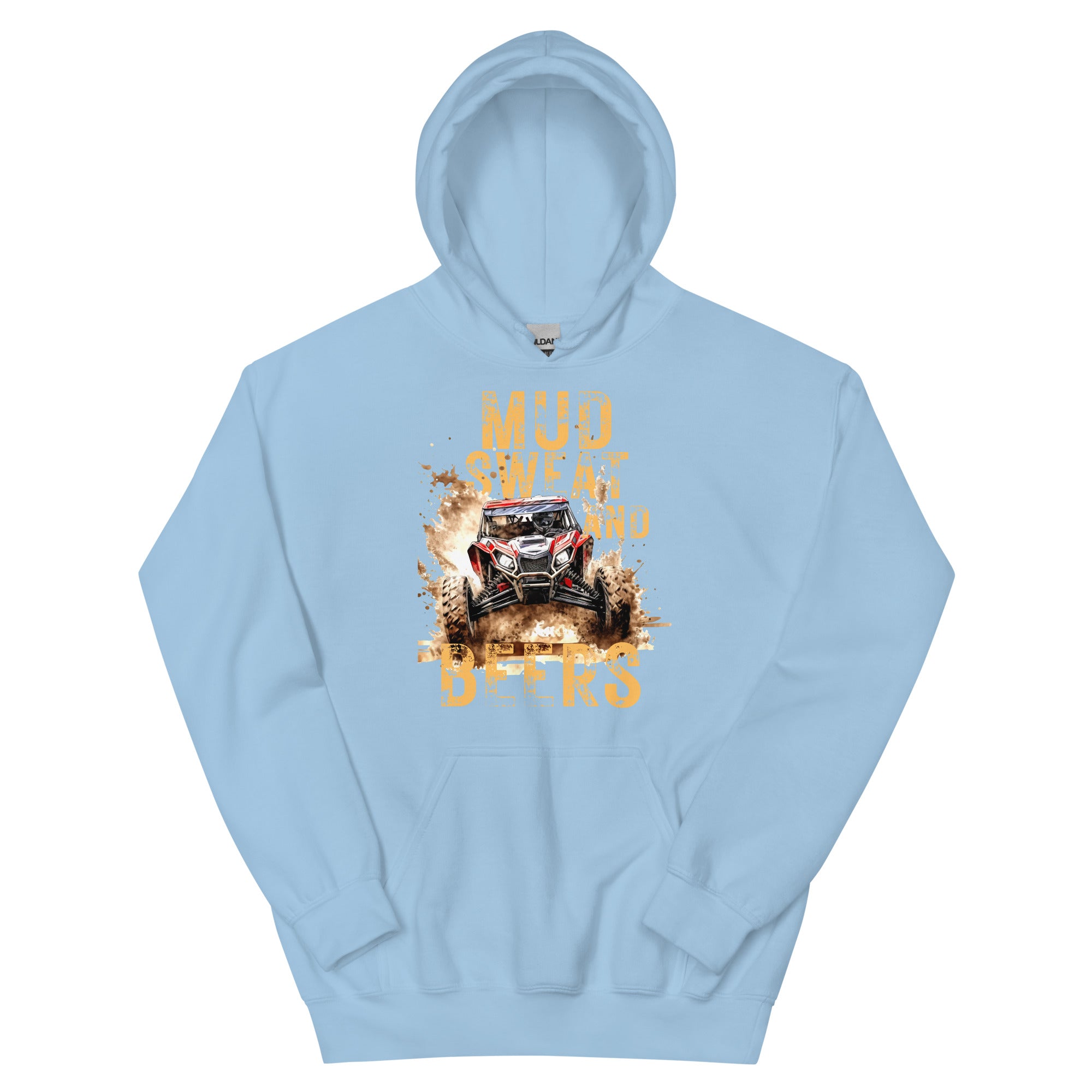 Mud, Sweat, and Beers Unisex Hoodie - Light Blue with Peach Print - Country Boi Fly