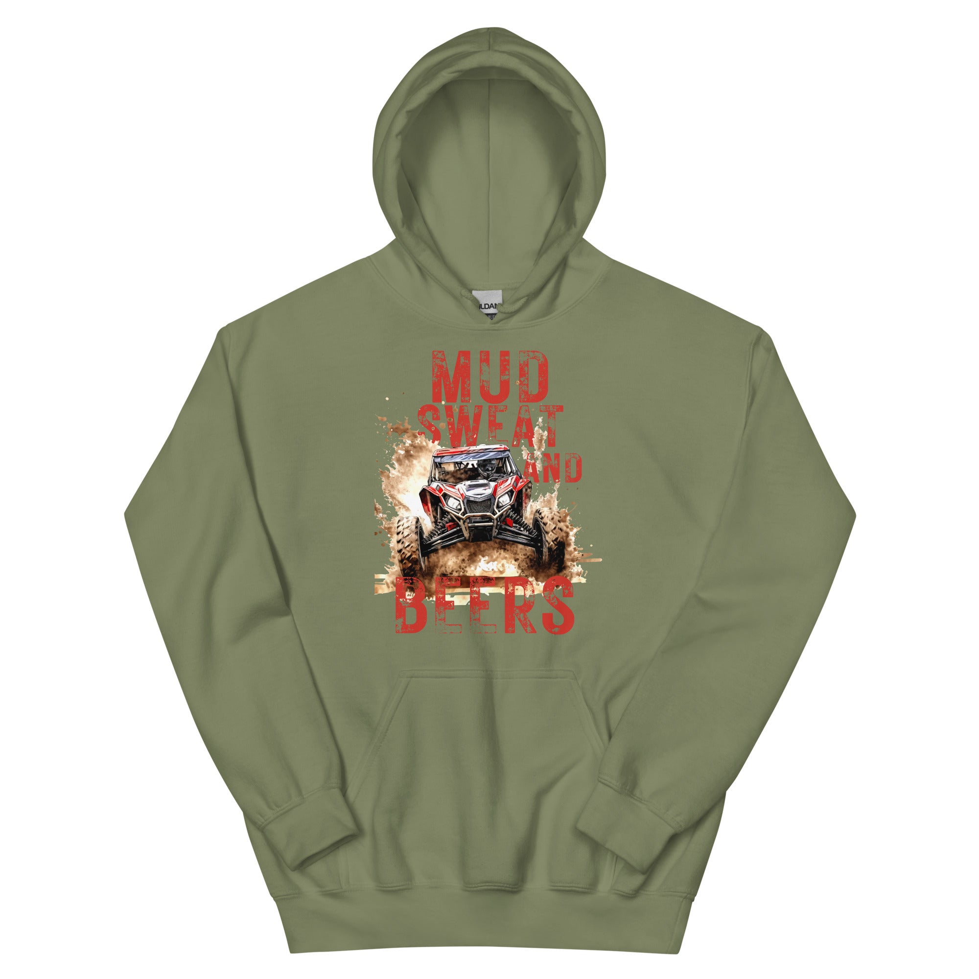 Mud, Sweat, and Beers Unisex Hoodie - Military Green with Red Print - Country Boi Fly