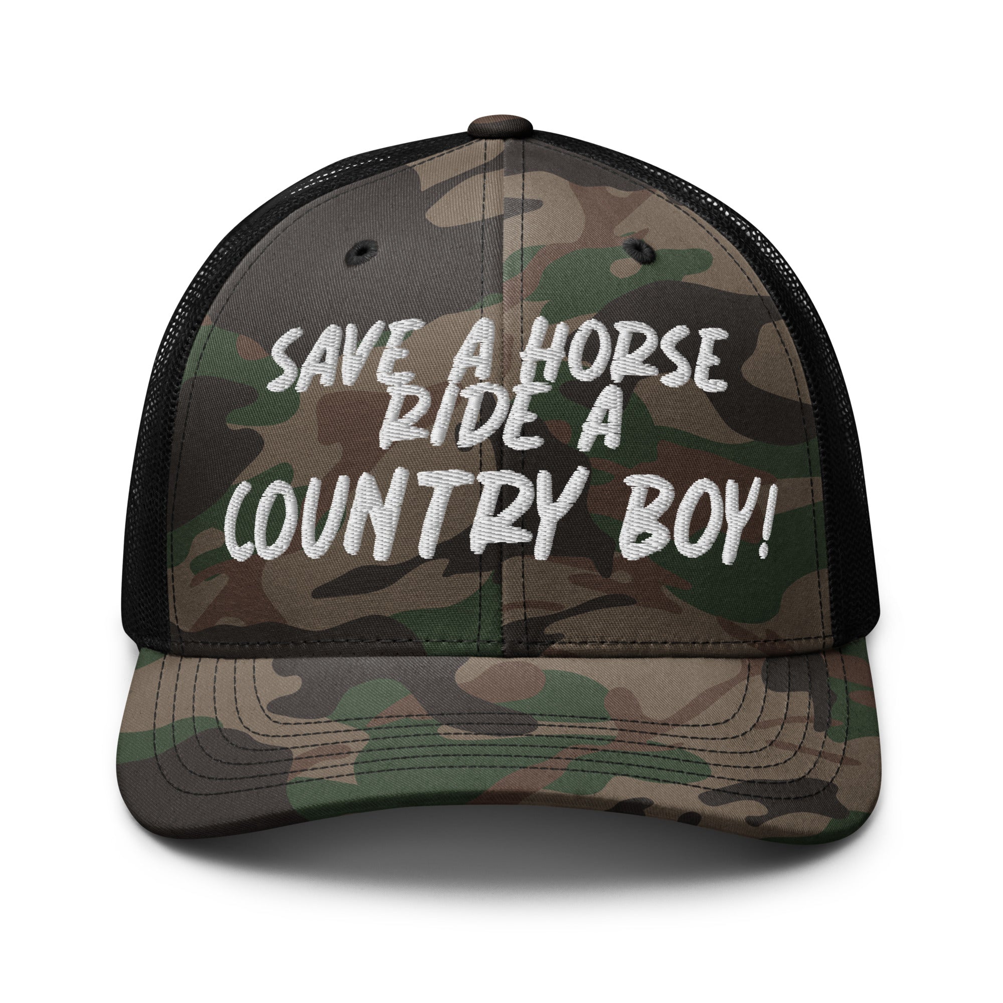 Save A Horse Camo Trucker Hat - White Print - Country Boi Fly