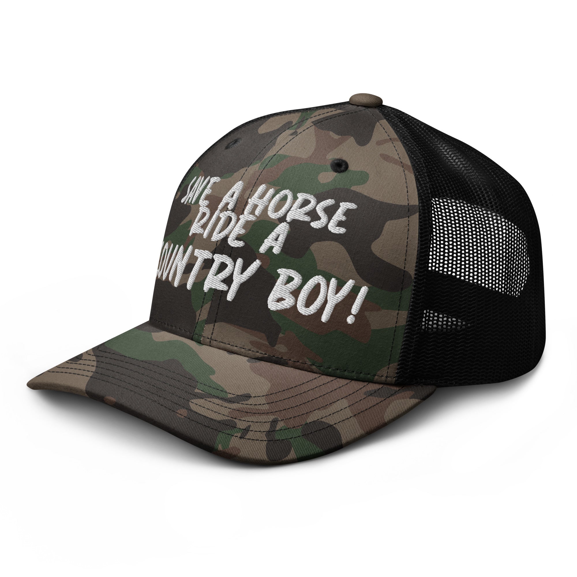 Save A Horse Camo Trucker Hat - White Print - Country Boi Fly