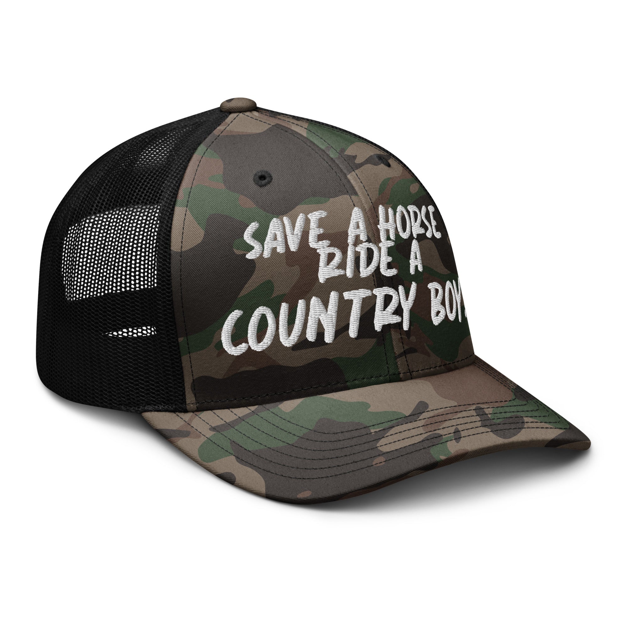 Save A Horse Camo Trucker Hat - White Print - Country Boi Fly