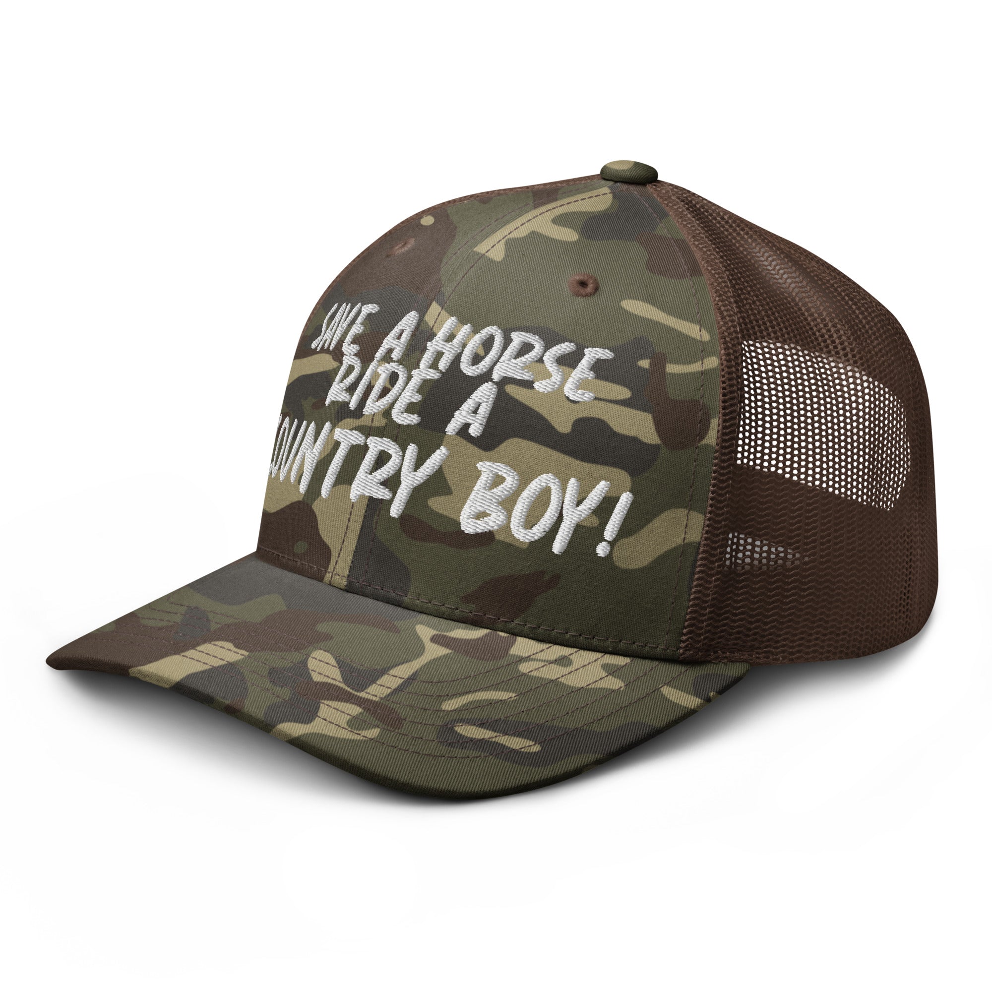 Save A Horse Camo Trucker Hat - White Print - Country Boi Fly