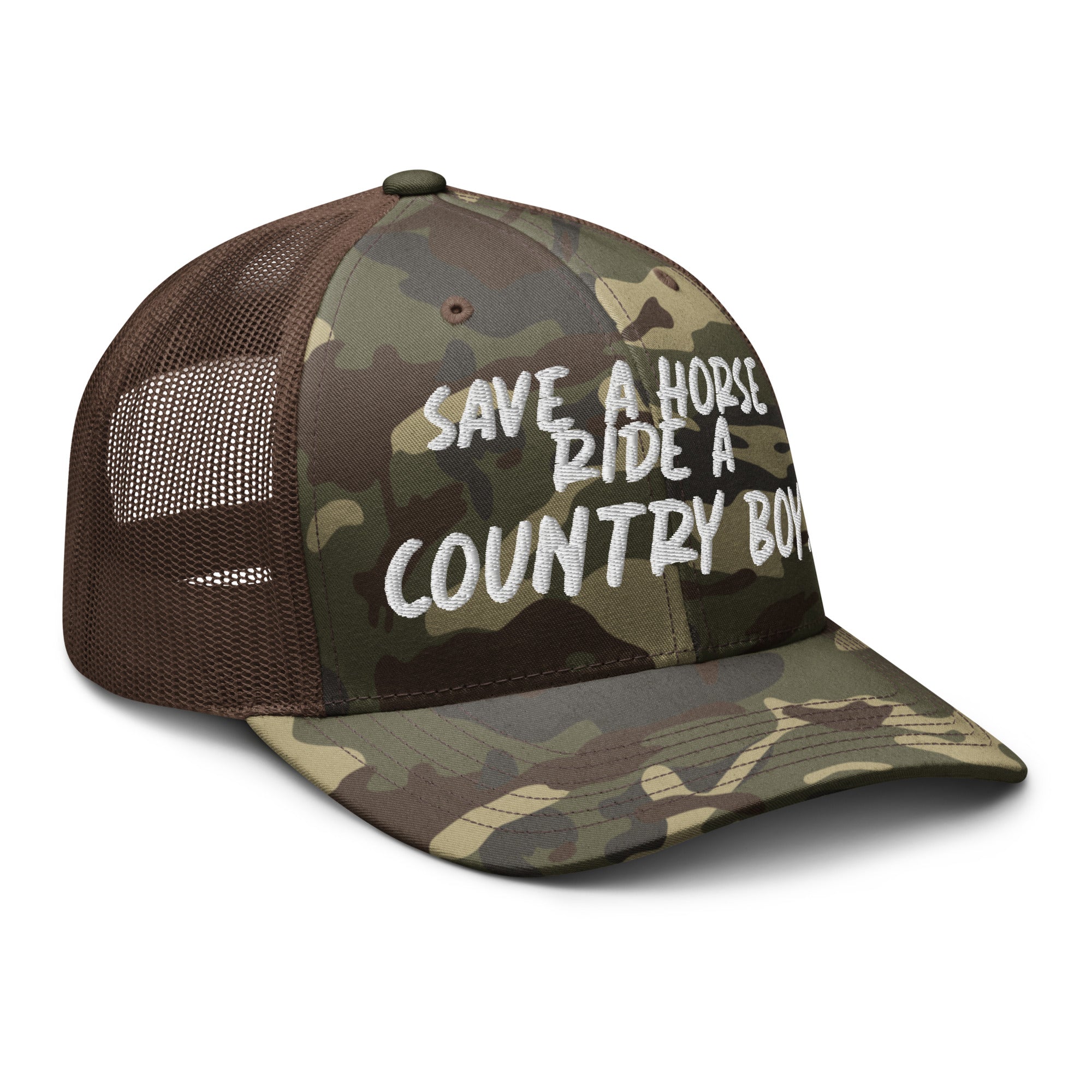 Save A Horse Camo Trucker Hat - White Print - Country Boi Fly