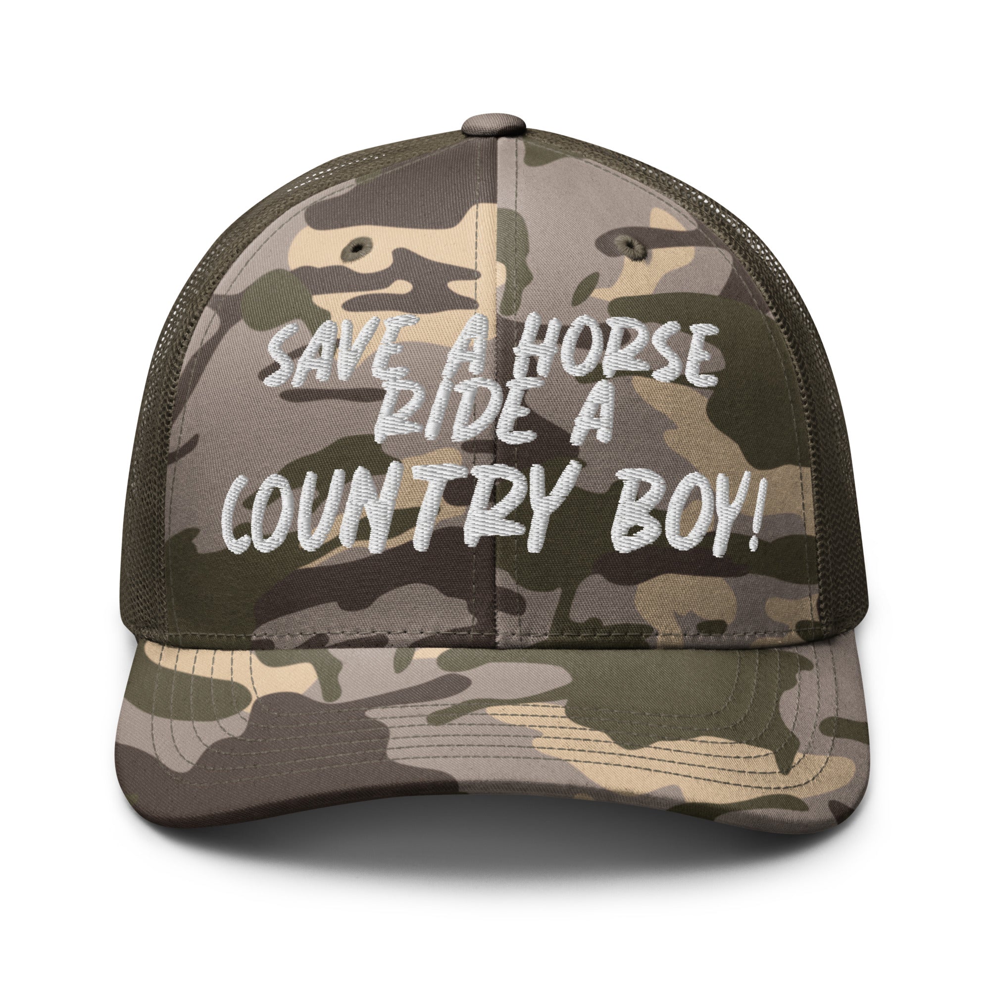 Save A Horse Camo Trucker Hat - White Print - Country Boi Fly