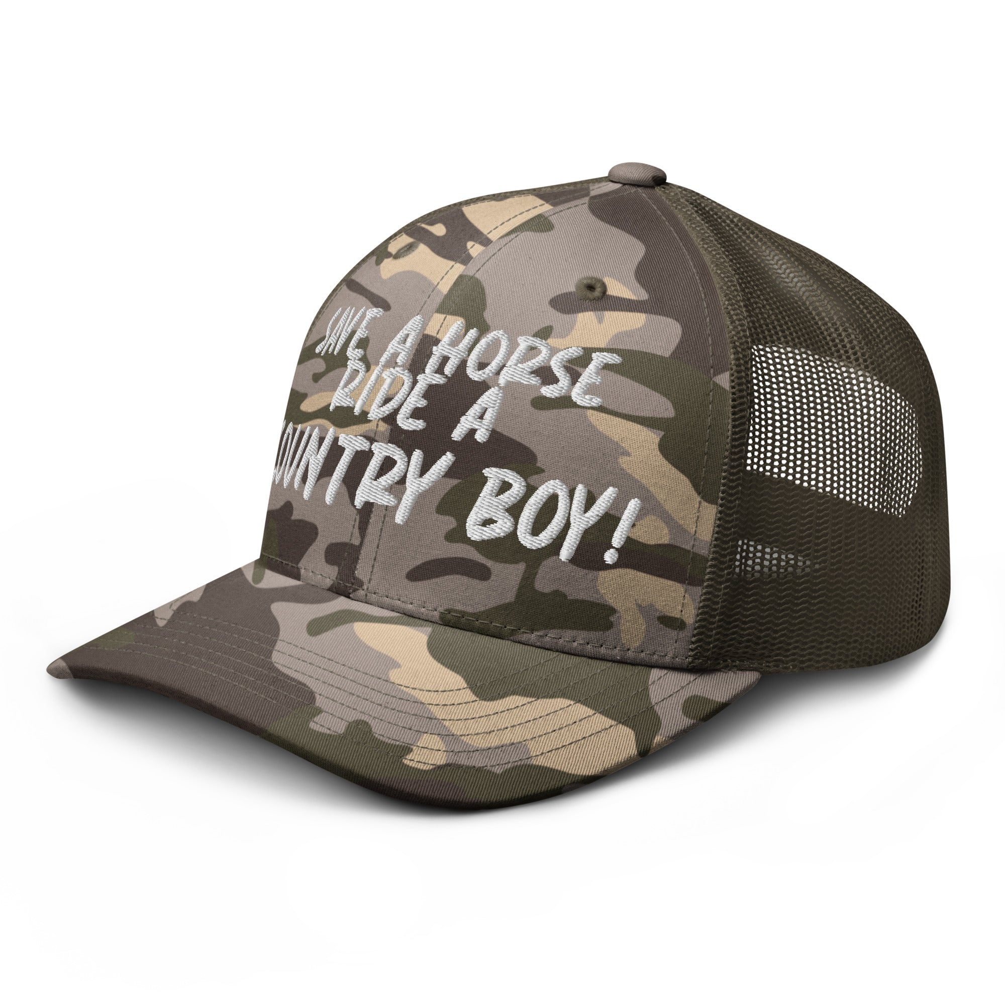 Save A Horse Camo Trucker Hat - White Print - Country Boi Fly