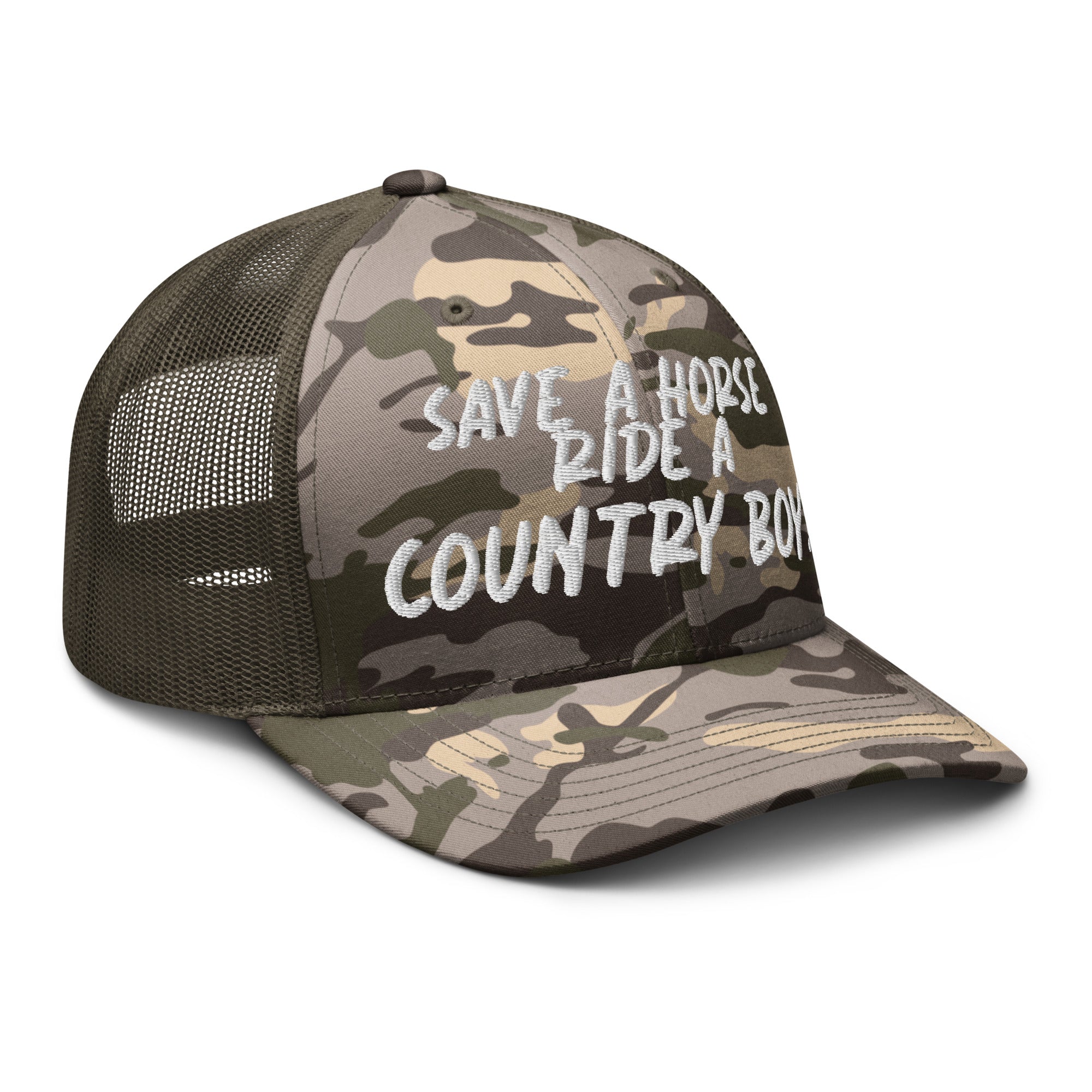Save A Horse Camo Trucker Hat - White Print - Country Boi Fly