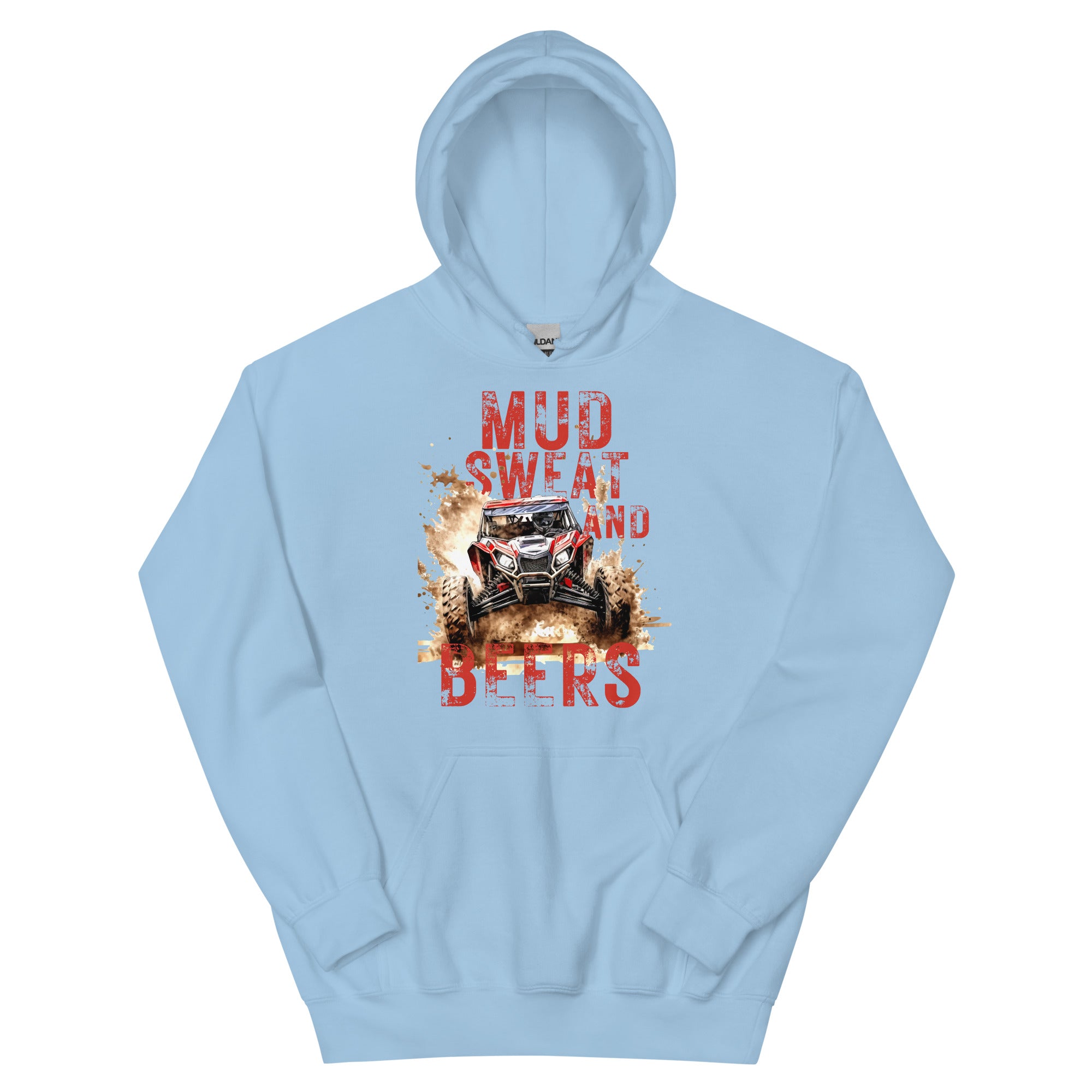 Mud, Sweat, and Beers Unisex Hoodie - Light Blue with Red Print - Country Boi Fly